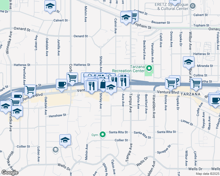 map of restaurants, bars, coffee shops, grocery stores, and more near 19439 Ventura Boulevard in Los Angeles