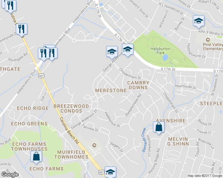map of restaurants, bars, coffee shops, grocery stores, and more near 3716 Merestone Drive in Wilmington