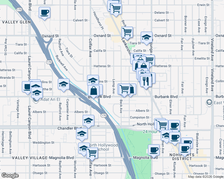 map of restaurants, bars, coffee shops, grocery stores, and more near 5627 Lemp Avenue in Los Angeles