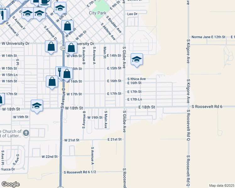 map of restaurants, bars, coffee shops, grocery stores, and more near 1705 South Abilene Avenue in Portales