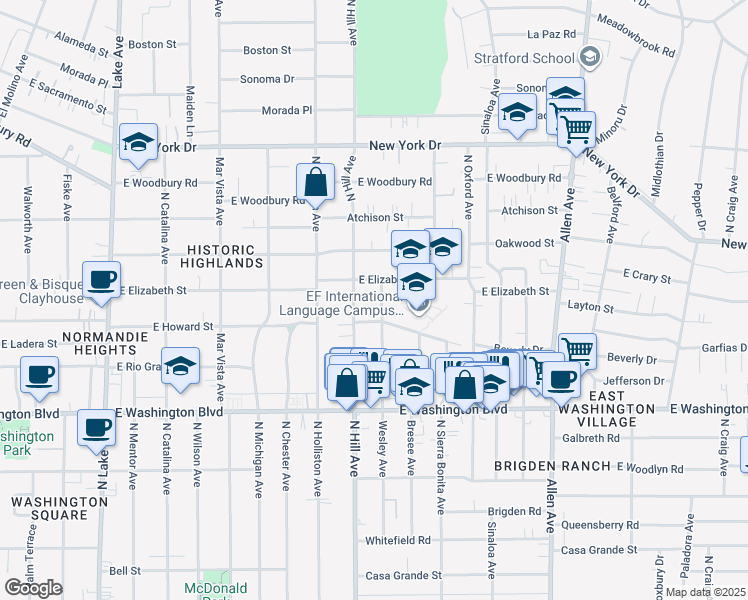 map of restaurants, bars, coffee shops, grocery stores, and more near 1569 Wesley Avenue in Pasadena