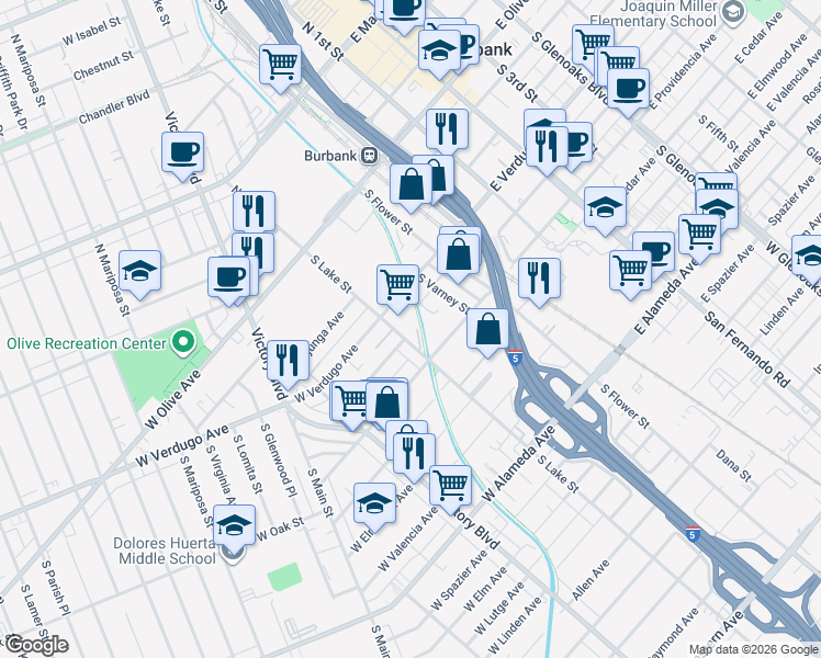 map of restaurants, bars, coffee shops, grocery stores, and more near 418 South Lake Street in Burbank