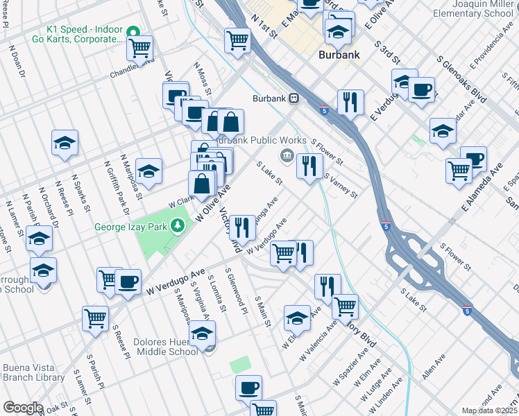 map of restaurants, bars, coffee shops, grocery stores, and more near 245 West Tujunga Avenue in Burbank