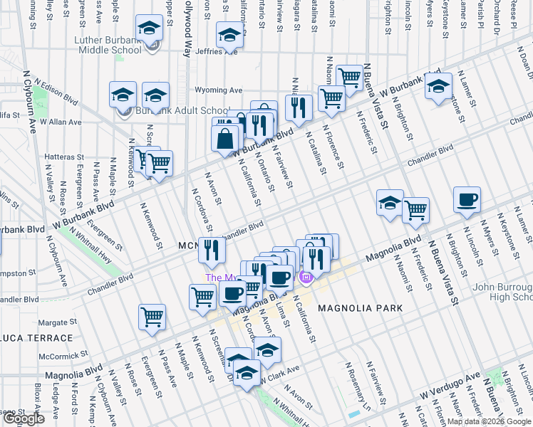 map of restaurants, bars, coffee shops, grocery stores, and more near 3205 West Chandler Boulevard in Burbank