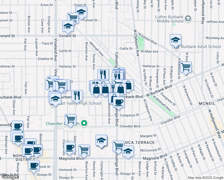 map of restaurants, bars, coffee shops, grocery stores, and more near 5629 Cahuenga Boulevard in Los Angeles