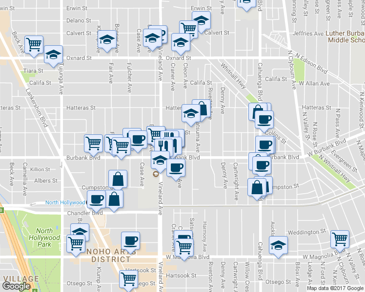 map of restaurants, bars, coffee shops, grocery stores, and more near 5624 Cleon Avenue in Los Angeles