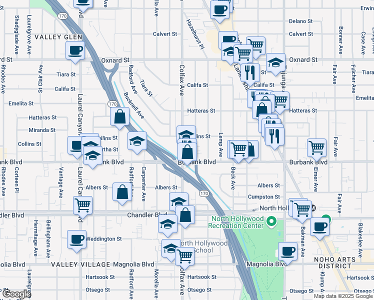 map of restaurants, bars, coffee shops, grocery stores, and more near 5628 Colfax Avenue in Los Angeles