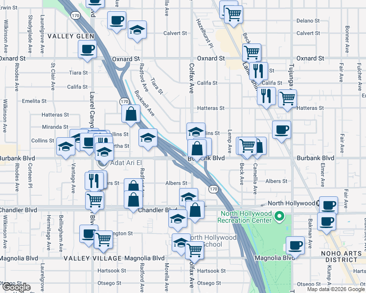 map of restaurants, bars, coffee shops, grocery stores, and more near 5633 Colfax Avenue in Los Angeles