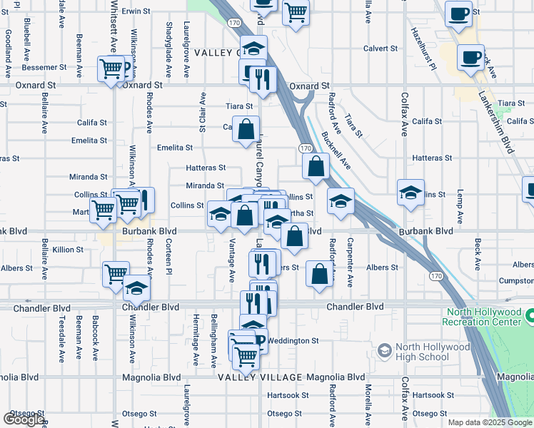 map of restaurants, bars, coffee shops, grocery stores, and more near 5626 Laurel Canyon Boulevard in Los Angeles