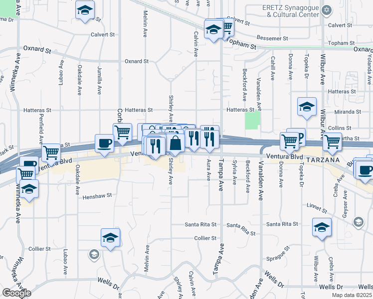 map of restaurants, bars, coffee shops, grocery stores, and more near 19439 Ventura Boulevard in Los Angeles