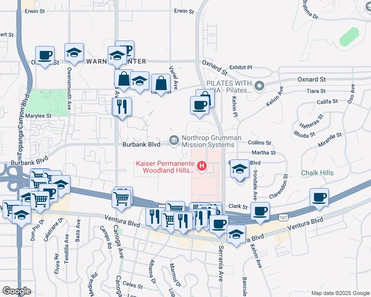 map of restaurants, bars, coffee shops, grocery stores, and more near 21050 Burbank Boulevard in Los Angeles