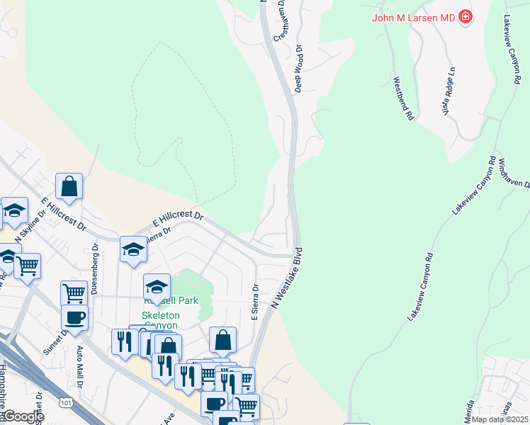 map of restaurants, bars, coffee shops, grocery stores, and more near 717 North Valley Drive in Westlake Village