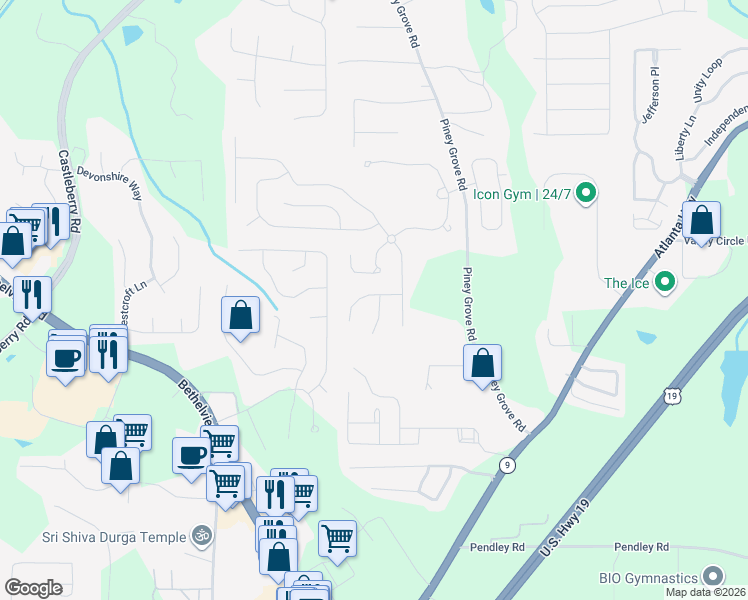 map of restaurants, bars, coffee shops, grocery stores, and more near 5910 Ellington Cove in Cumming
