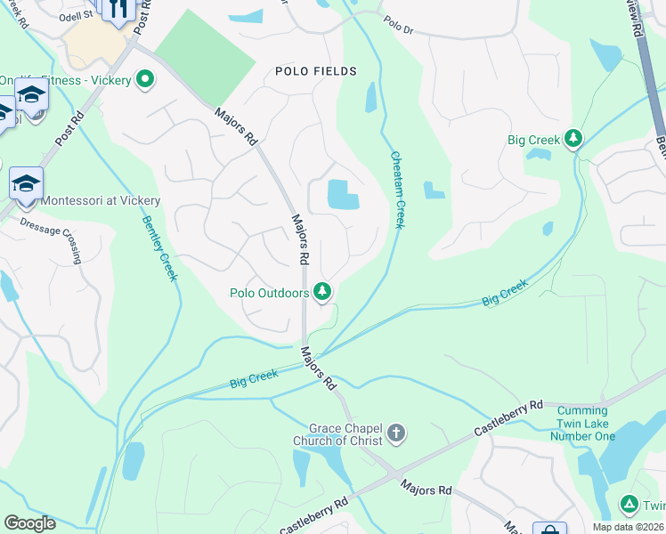 map of restaurants, bars, coffee shops, grocery stores, and more near 6725 Lancaster Circle in Cumming