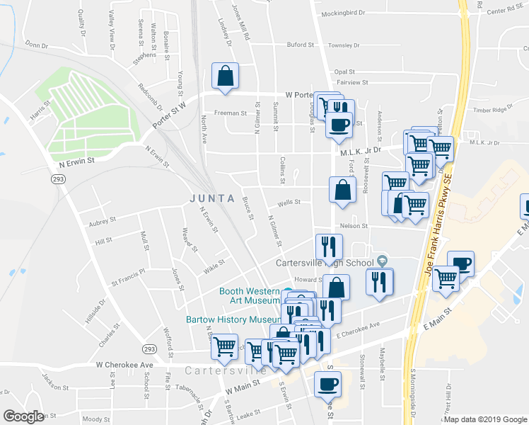 map of restaurants, bars, coffee shops, grocery stores, and more near 336 North Gilmer Street in Cartersville