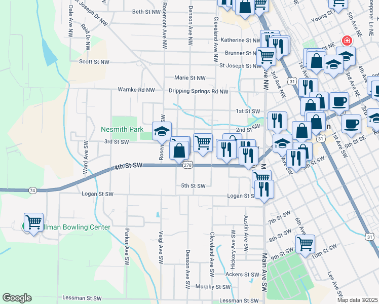 map of restaurants, bars, coffee shops, grocery stores, and more near 1402 3rd Street Southwest in Cullman