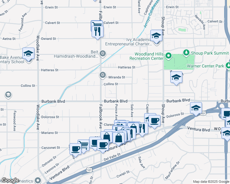 map of restaurants, bars, coffee shops, grocery stores, and more near 22701 Martha Street in Los Angeles