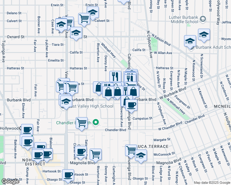 map of restaurants, bars, coffee shops, grocery stores, and more near 5626 Cartwright Avenue in Los Angeles