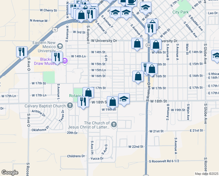 map of restaurants, bars, coffee shops, grocery stores, and more near 814 West 17th Street in Portales