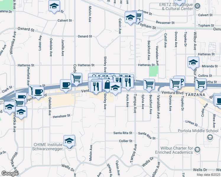 map of restaurants, bars, coffee shops, grocery stores, and more near 19439 Ventura Boulevard in Los Angeles