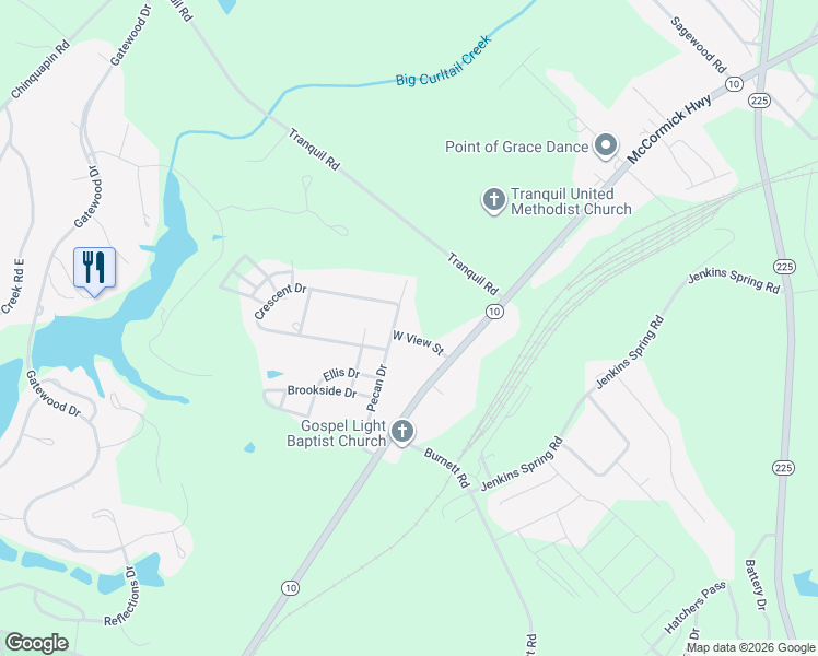 map of restaurants, bars, coffee shops, grocery stores, and more near 110 West View Street in Greenwood