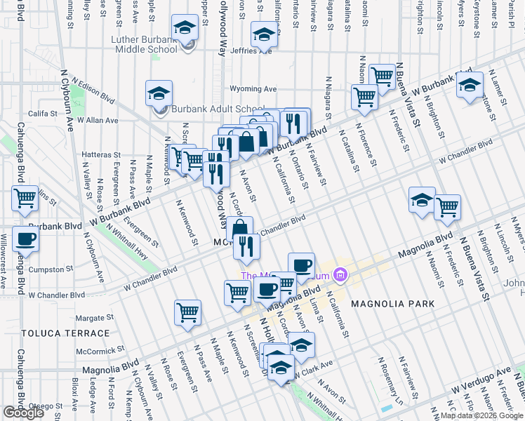 map of restaurants, bars, coffee shops, grocery stores, and more near 1220 North Avon Street in Burbank