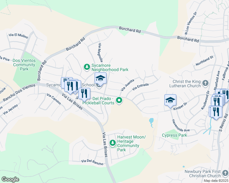 map of restaurants, bars, coffee shops, grocery stores, and more near 278 Via Monterey in Thousand Oaks