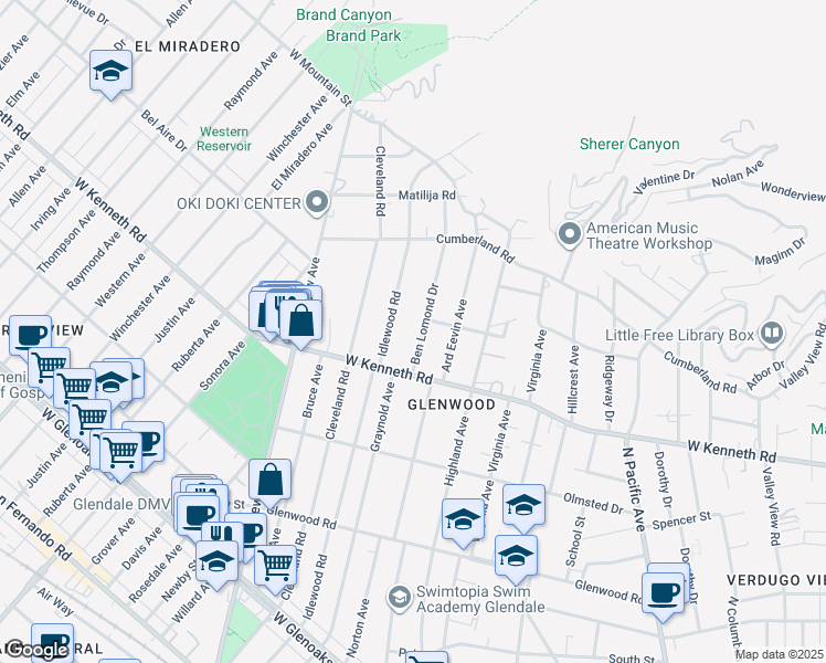 map of restaurants, bars, coffee shops, grocery stores, and more near 1541 Ben Lomond Drive in Glendale