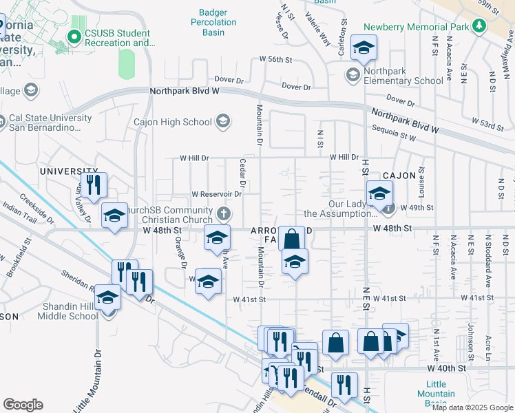 map of restaurants, bars, coffee shops, grocery stores, and more near 4238 Mountain Drive in San Bernardino County
