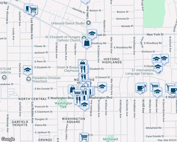 map of restaurants, bars, coffee shops, grocery stores, and more near 928 East Elizabeth Street in Pasadena