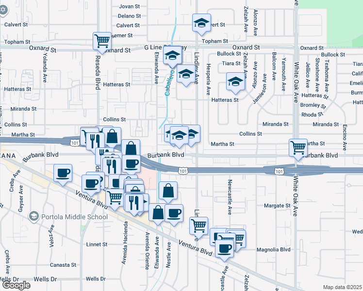 map of restaurants, bars, coffee shops, grocery stores, and more near 18135 Burbank Boulevard in Los Angeles