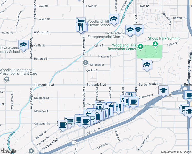map of restaurants, bars, coffee shops, grocery stores, and more near 22701 Martha Street in Los Angeles