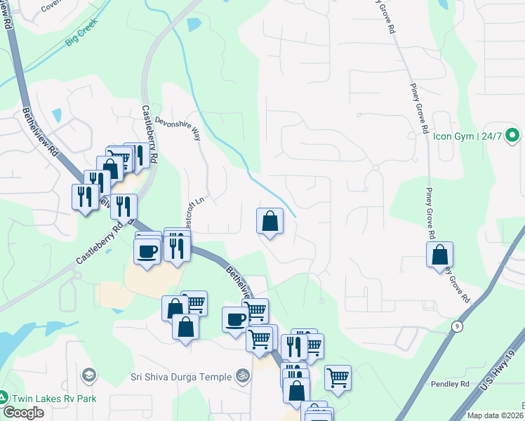 map of restaurants, bars, coffee shops, grocery stores, and more near 6505 Quillin Court in Cumming