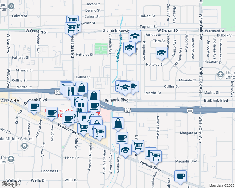map of restaurants, bars, coffee shops, grocery stores, and more near 5616 Etiwanda Avenue in Los Angeles