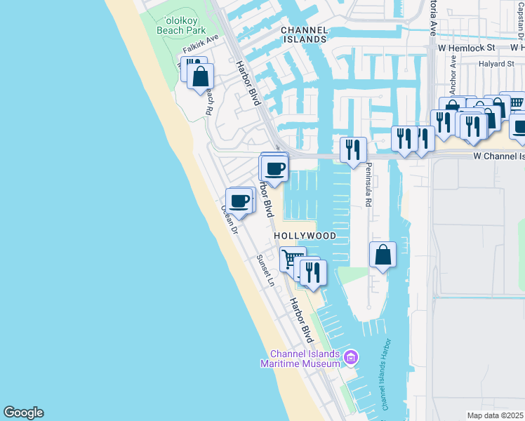 map of restaurants, bars, coffee shops, grocery stores, and more near 2941 Harbor Boulevard in Oxnard
