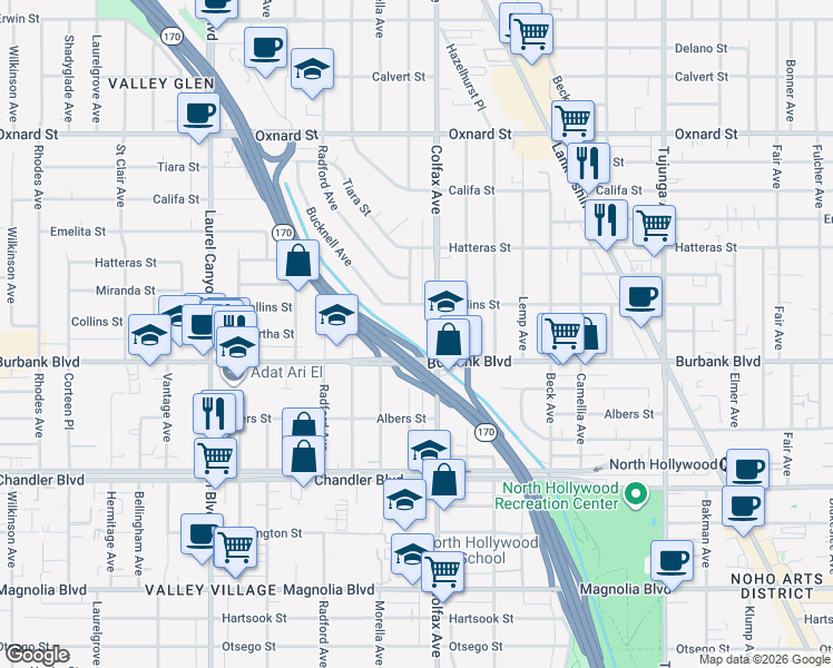 map of restaurants, bars, coffee shops, grocery stores, and more near 5633 Colfax Avenue in Los Angeles