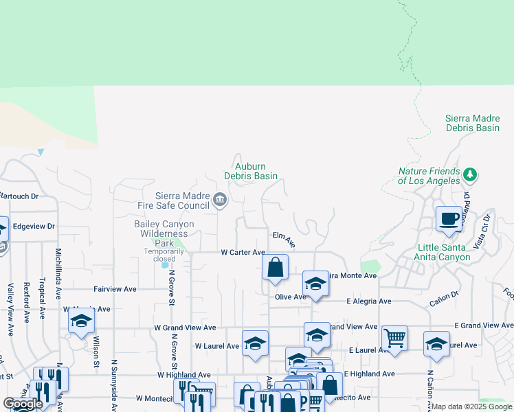 map of restaurants, bars, coffee shops, grocery stores, and more near 603 Auburn Avenue in Sierra Madre