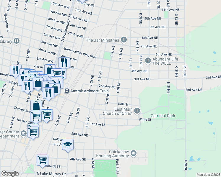 map of restaurants, bars, coffee shops, grocery stores, and more near 702 2nd Avenue Northeast in Ardmore