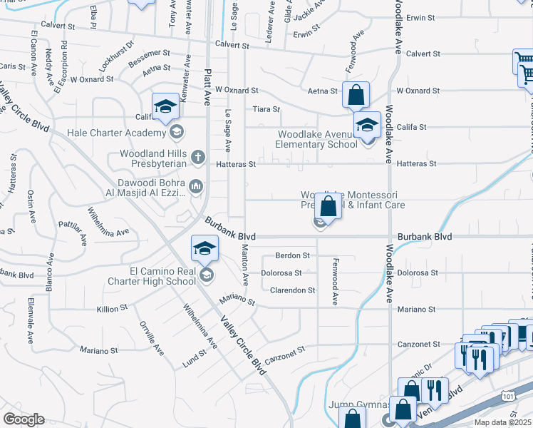 map of restaurants, bars, coffee shops, grocery stores, and more near 23528 Collins Street in Los Angeles