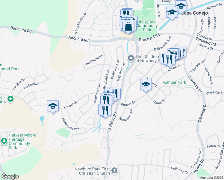 map of restaurants, bars, coffee shops, grocery stores, and more near 234 Fallbrook Avenue in Thousand Oaks