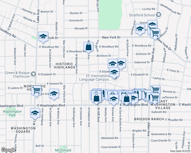 map of restaurants, bars, coffee shops, grocery stores, and more near 1559 North Hill Avenue in Pasadena