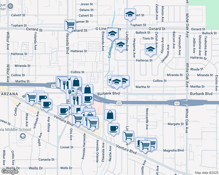map of restaurants, bars, coffee shops, grocery stores, and more near 5616 Etiwanda Avenue in Los Angeles