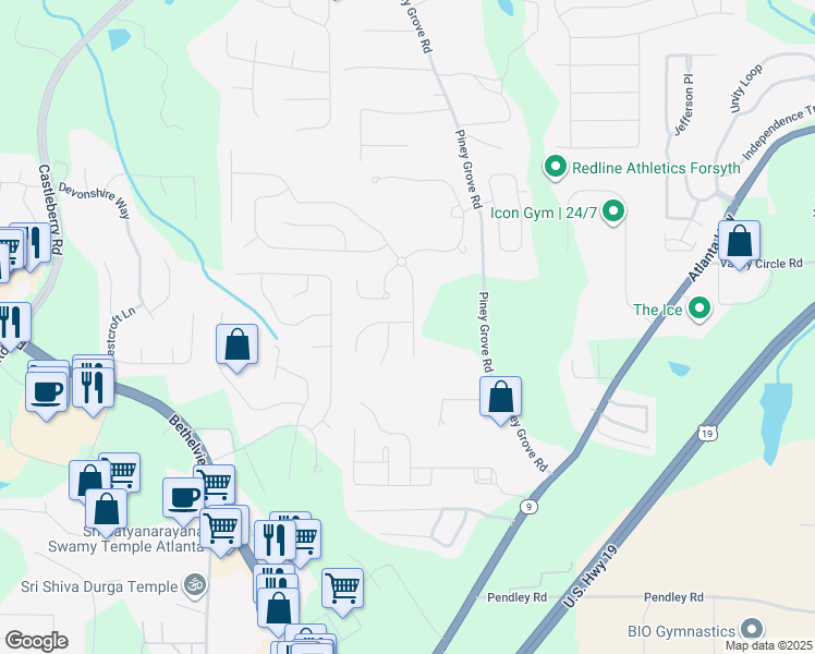 map of restaurants, bars, coffee shops, grocery stores, and more near 5810 Sterling Court in Cumming