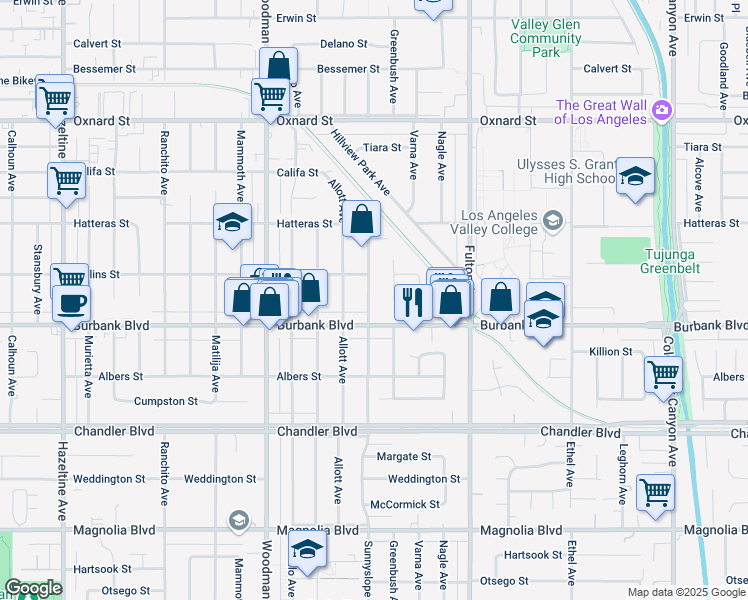 map of restaurants, bars, coffee shops, grocery stores, and more near 5630 Sunnyslope Avenue in Los Angeles