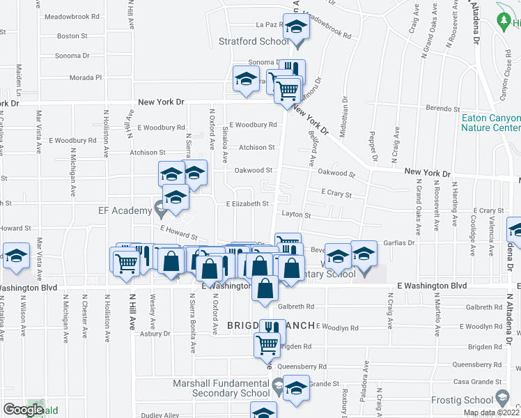 map of restaurants, bars, coffee shops, grocery stores, and more near 1557 Allen Avenue in Pasadena