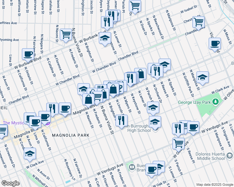map of restaurants, bars, coffee shops, grocery stores, and more near 2211 West Magnolia Boulevard in Burbank