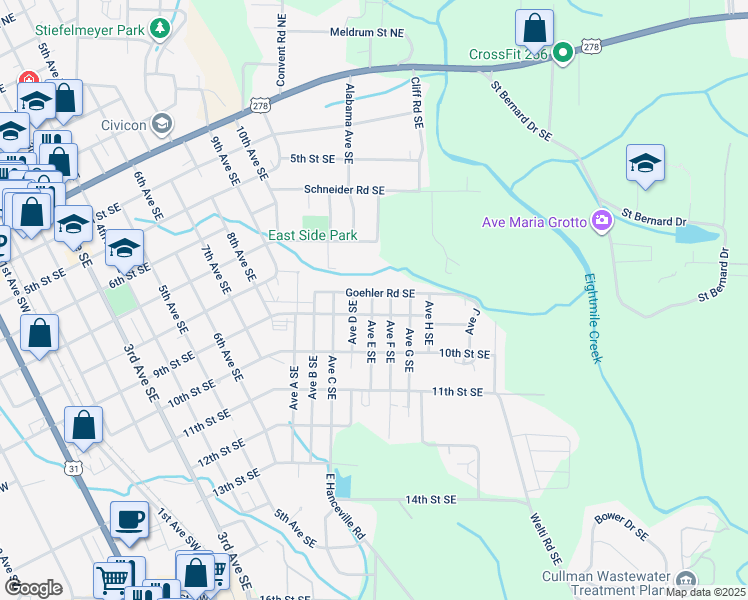 map of restaurants, bars, coffee shops, grocery stores, and more near 804 Avenue East Southeast in Cullman