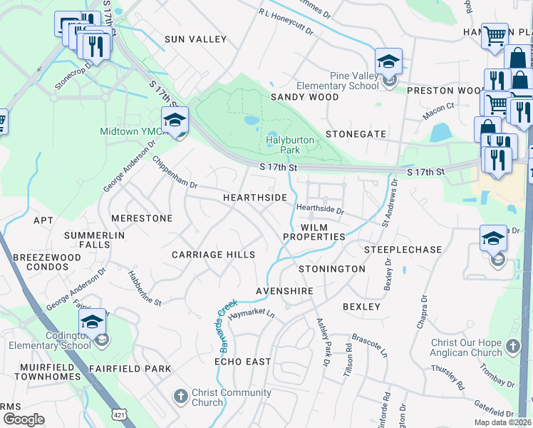 map of restaurants, bars, coffee shops, grocery stores, and more near 3902 East Scots Place in Wilmington