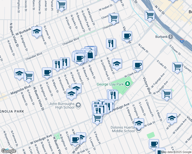 map of restaurants, bars, coffee shops, grocery stores, and more near 340 North Sparks Street in Burbank