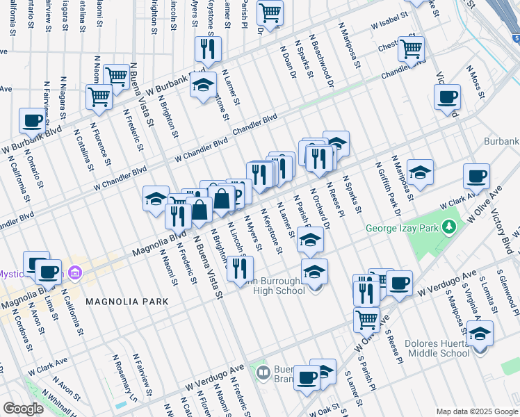 map of restaurants, bars, coffee shops, grocery stores, and more near 641 North Keystone Street in Burbank